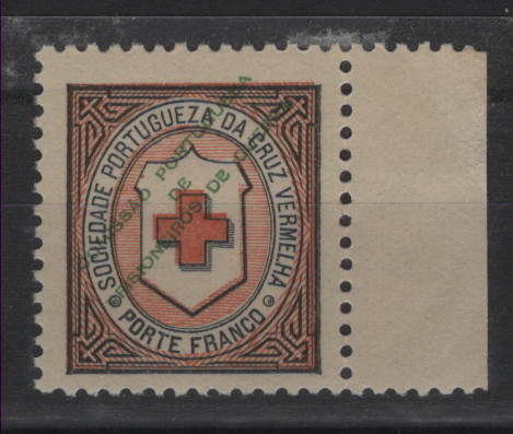 1119.jpg -     Lote:    1119            Portugal       Descrição:         1916 &mdash; Porte Franco. Cruz Vermelha Portuguesa. Cruz da Convenção de Genebra com sobrecarga. MF CVP2, rosa e preto. Selo em bordo de folha. Valor de catálogo &euro; 222,00.         ***       Valor Base:     &euro; 25,00     Valor Venda:     &euro;      