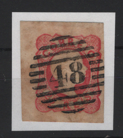 1125.jpg -     Lote:    1125            Açores       Descrição:         1856/58 &mdash; Percursores. D. Pedro V. cabelos anelados. 25 reis carmim-rosa, com 3 margens de luxo e uma normal, obliterado com carimbo numérico da 1.ª reforma "48 &mdash; ANGRA", tipo 4.3.4. Valor de catálogo &euro; 45,00.         O       Valor Base:     &euro; 15,00     Valor Venda:     &euro;      