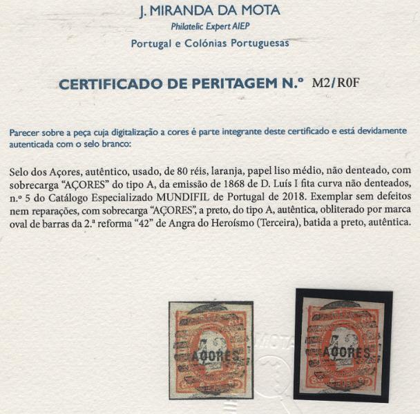 1131.jpg -     Lote:    1131            Açores       Descrição:         1868 &mdash; D. Luís I. Fita curva, não denteados. Selos do Continente com sobrecarga AÇORES, tipo A. MF5, 80 reis laranja. Selo sem defeitos nem reparações, obliterado com marca oval de barras da 2.ª reforma "42 &mdash; ANGRA DO HEROISMO". Valor de catálogo &euro; 240,00. Certificado de Peritagem de J. Miranda da Mota         O       Valor Base:     &euro; 25,00     Valor Venda:     &euro;      