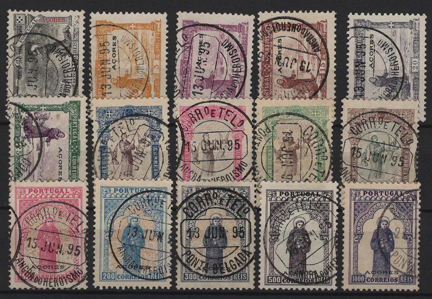 1142.jpg -     Lote:    1142            Açores       Descrição:         1895 &mdash; 7.º Centenário do Nascimento de S. António. Selos do Continente com sobrecarga AÇORES. MF 73/87. Série completa obliterada com marcas de dia de Angra do Heroísmo e Ponta Delgada. Valor de catálogo &euro; 1.100,00.         O       Valor Base:     &euro; 100,00     Valor Venda:     &euro;      
