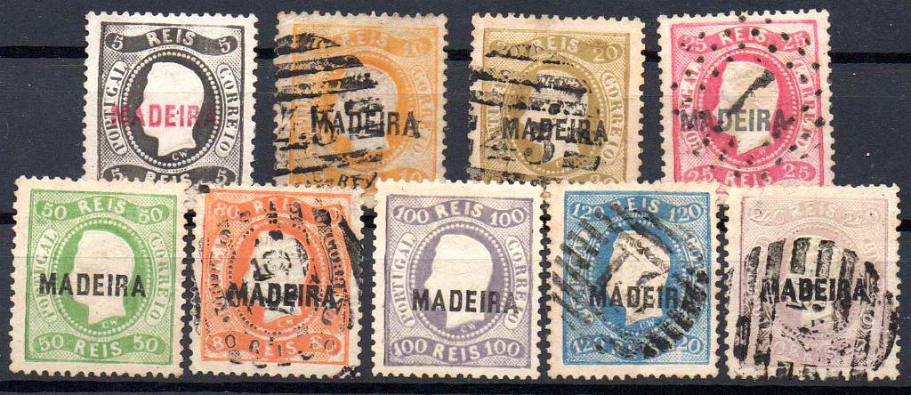 1151.jpg -     Lote:    1151            Madeira       Descrição:         1868/70 &mdash; D. Luís I, fita curva, denteado. Selos do Continente com sobrecarga MADEIRA, tipo A. MF 5/13. Série completa em usados e novos sem goma. Valor catálogo &euro; 2035,00.         O       Valor Base:     &euro; 175,00     Valor Venda:     &euro;      