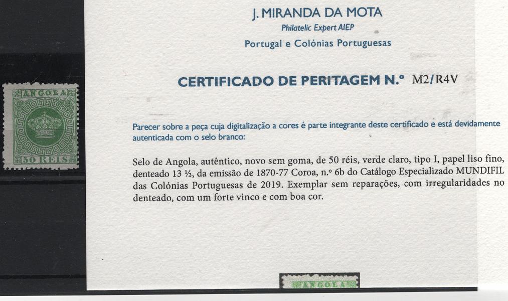 1169.jpg -     Lote:    1169            Angola       Descrição:         1870/77 &mdash; Coroa. MF6b, 50 reis verde, denteado 13 &frac12;, papel liso fino, tipo I. Selo sem goma, sem reparações, com denteado irregular, normal na emissão, com vinco e com boa cor. Valor de catálogo &euro; 1.900,00.         *       Valor Base:     &euro; 400,00     Valor Venda:     &euro;      