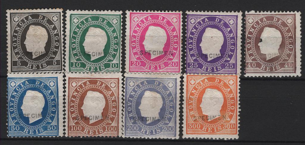 1173.jpg -     Lote:    1173            Angola       Descrição:         1886 &mdash; D. Luís I. Fita direita. MF 15/23. Série completa com a sobrecarga horizontal a preto "SPECIMEN". Dois selos com dois ligeiros pontos de óxido no verso. Selo de 40 reis com pequeno defeito (furo). Lote a ver. MB e MR.         **       Valor Base:     &euro; 200,00     Valor Venda:     &euro;      