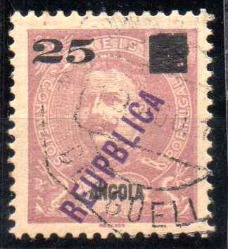1191.jpg -     Lote:    1191            Angola       Descrição:         1912 &mdash; D. Carlos I, com sobrecarga REPUBLICA e sobretaxa, tipografadas localmente. MF117, 25 s/ 75 reis, com variedade "REUPBLICA. Valor de catálogo &euro; 90,00.         O       Valor Base:     &euro; 15,00     Valor Venda:     &euro;      