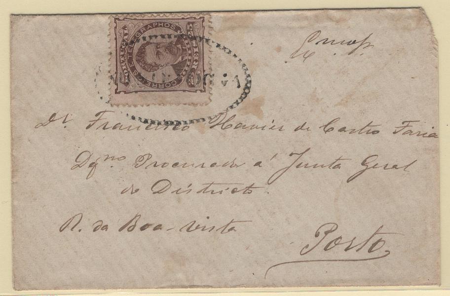 1655.jpg -     Lote:    1655            Portugal       Descrição:         Carimbos nominativos. 1882 &mdash; D. Luís I, de frente. MF57, papel liso, denteado 12 &frac12;, em sobrescrito circulado do Porto (14.04.1882), obliterado com carimbo a preto "V.ª DO CONDE".         Carta       Valor Base:     &euro; 10,00     Valor Venda:     &euro;      
