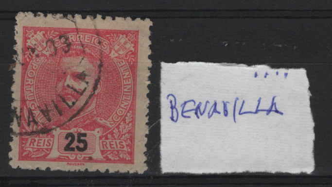 1666.jpg -     Lote:    1666            Portugal       Descrição:         Carimbos circulares datados, tipo 1880 * 1898 &mdash; D. Carlos I. MF141, 25 reis, obliterado com carimbo batido a preto de "BENAVILLA".         O       Valor Base:     &euro; 12,00     Valor Venda:     &euro;      