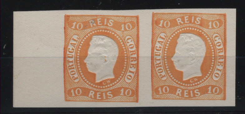 1759.jpg -     Lote:    1759                   Descrição:         Reimpressões de 1885 * 1886/67 &mdash; D. Luís I, fita curva, não denteados. MF20, 10 reis laranja. Par bordo de folha. Valor de catálogo &euro; 130,00.         R*       Valor Base:     &euro; 15,00     Valor Venda:     &euro;      