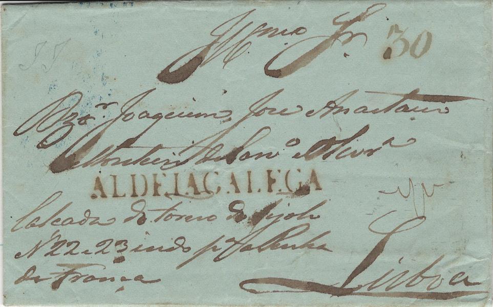 0002.jpg -     Lote:    2            Portugal       Descrição:         Aldeia Galega &mdash; A sépia, LF MTJ1 em carta remetida de Aldeia Galega (21.03.48) para Lisboa (22.03.48) com o porte de 30 reis manuscrito a sépia. Exemplar sem defeitos nem reparações.         Carta       Valor Base:     &euro; 250,00     Valor Venda:     &euro;      