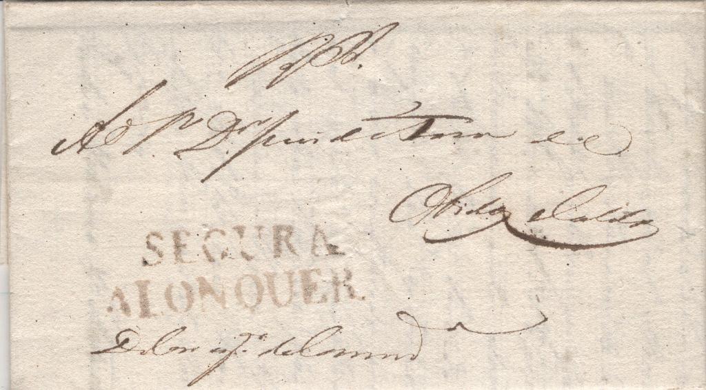0003.jpg -     Lote:    3            Portugal       Descrição:         Alonquer / Segura &mdash; A sépia, LF ALQ-S1 em carta datada de Alenquer (22.10.1815) para Óbidos, isenta de porte (RS). Exemplar muito raro, sem defeitos nem reparações. Conhecidos dois exemplares.         Carta       Valor Base:     &euro; 300,00     Valor Venda:     &euro;      