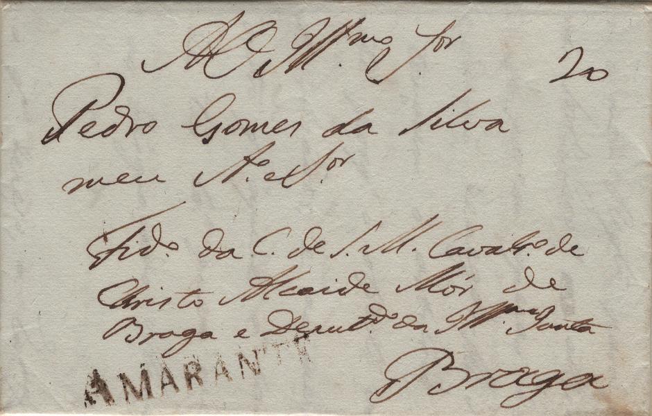 0007.jpg -     Lote:    7            Portugal       Descrição:         Amarante &mdash; A sépia, LF AMT2 em carta circulada de Amarante (11.01.1819) para Braga, com o porte de 20 reis manuscrito a sépia. Exemplar raro sem defeitos nem reparações. Valor de catálogo &euro; 280,00.         Carta       Valor Base:     &euro; 100,00     Valor Venda:     &euro;      