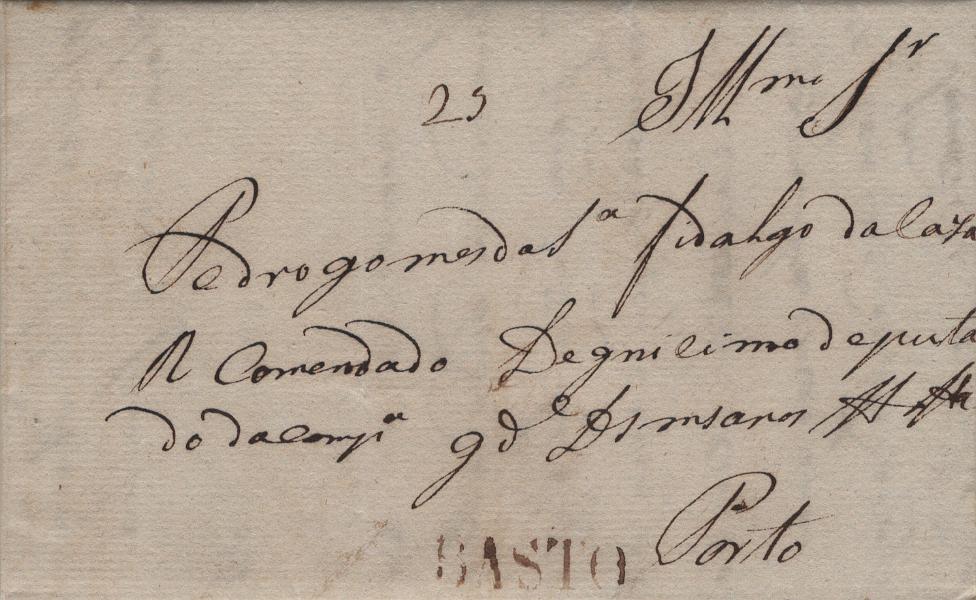 0011.jpg -     Lote:    11            Portugal       Descrição:         Basto (Celorico de) &mdash; A sépia, LF CBT1 em carta datada de Celorico de Basto (16.08.18) para o Porto, com o porte de 25 reis manuscrito a sépia. Exemplar sem defeitos nem reparações. Valor de catálogo &euro; 300.00.         Carta       Valor Base:     &euro; 50,00     Valor Venda:     &euro;      