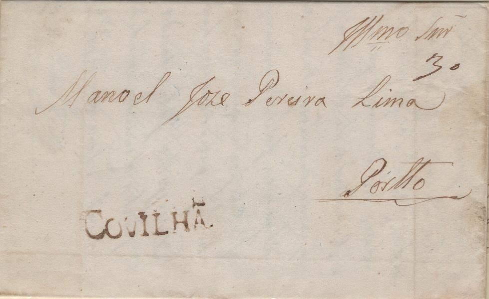 0018.jpg -     Lote:    18            Portugal       Descrição:         Covilhã &mdash; A sépia, LF CVL1 em carta remetida de Teixoso (08.04.49) para o Porto (11.04.49) com o porte de 30 reis manuscrito a sépia.         Carta       Valor Base:     &euro; 20,00     Valor Venda:     &euro;      