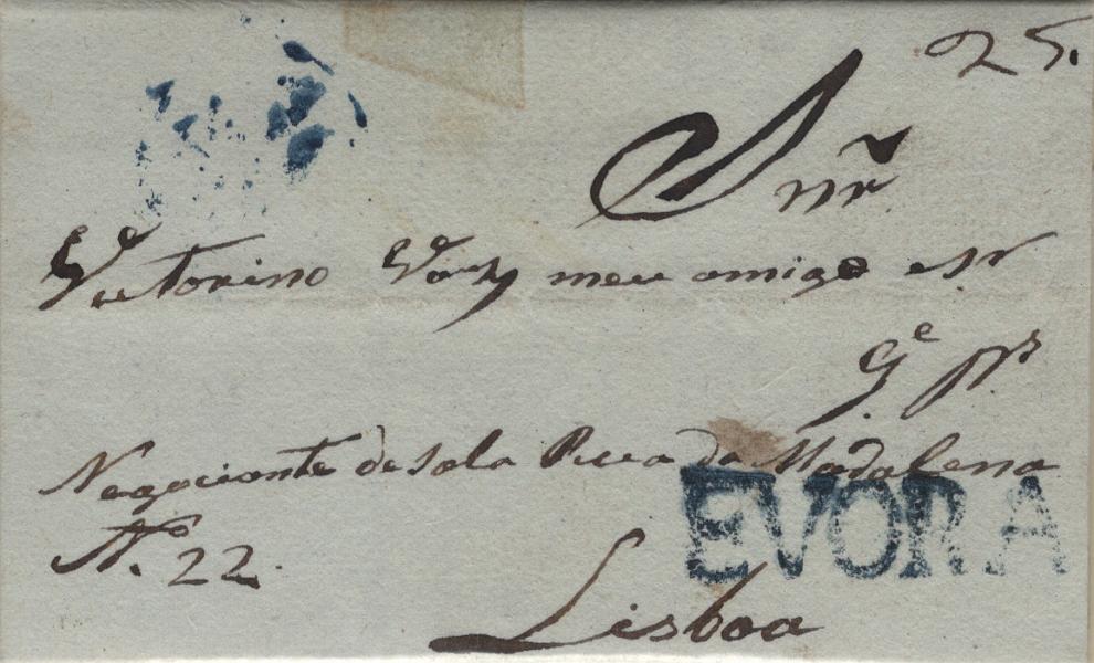 0019.jpg -     Lote:    19            Portugal       Descrição:         Évora &mdash; A azul, LF EVR3 em carta remetida de Évora (18.11.37) para Lisboa (22.11.37) com o porte de 25 reis manuscrito a sépia. Exemplar de grade raridade sem defeitos nem reparações.         Carta       Valor Base:     &euro; 150,00     Valor Venda:     &euro;      