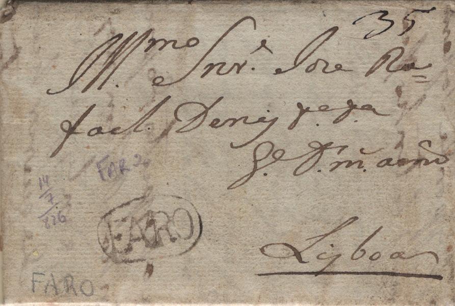 0023.jpg -     Lote:    23            Portugal       Descrição:         Faro &mdash; A sépia, LF FAR2 em carta remetida de Faro (14.07.26) para Lisboa, com o porte de 35 reis manuscrito a sépia. Exemplar sem reparações.         Carta       Valor Base:     &euro; 75,00     Valor Venda:     &euro;      