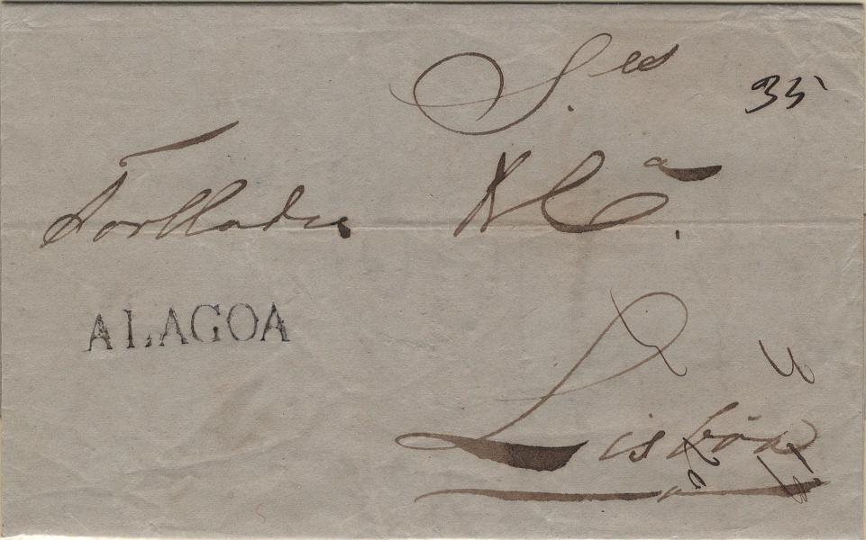 0028.jpg -     Lote:    28            Portugal       Descrição:         Alagoa &mdash; A sépia, LF LGA1 em carta remetida de Loulé (14.09.45) para Lisboa (19.09.45) com o porte de 35 reis manuscrito a sépia. Exemplar sem defeitos nem reparações.         Carta       Valor Base:     &euro; 75,00     Valor Venda:     &euro;      