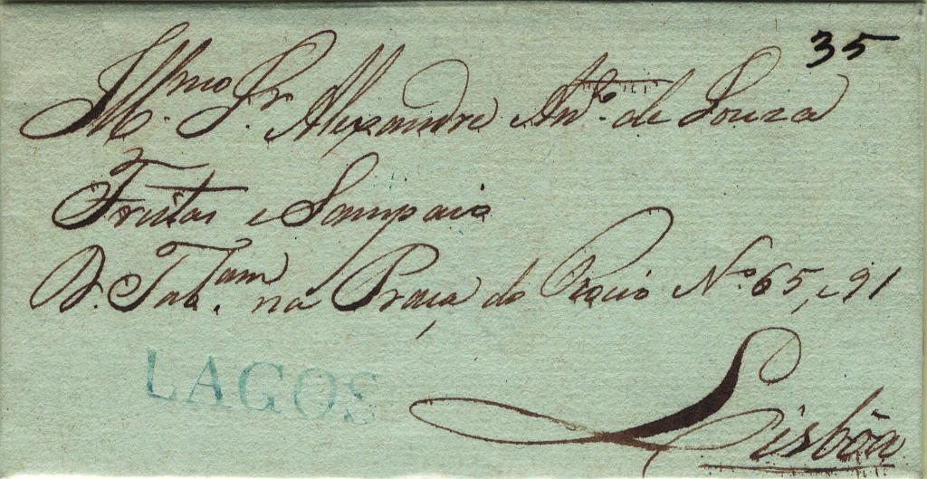 0029.jpg -     Lote:    29            Portugal       Descrição:         Lagos &mdash; A azul, LF LGS3 em carta remetida de Lagos (07.12.34) para Lisboa, com o porte de 35 reis manuscrito a sépia. Exemplar sem defeitos nem reparações.         Carta       Valor Base:     &euro; 30,00     Valor Venda:     &euro;      