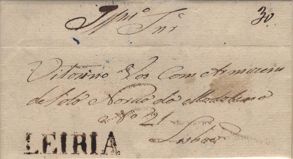 0035.jpg -     Lote:    35            Portugal       Descrição:         Leiria &mdash; A sépia, LF LRA6, em carta circulada de Azoio (09.06.47) para Lisboa (14.06.47) com o porte de 30 reis manuscrito a sépia.         Carta       Valor Base:     &euro; 36,00     Valor Venda:     &euro;      