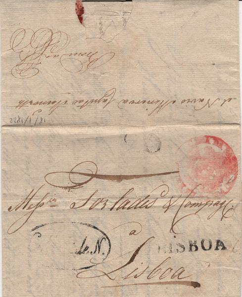 0038.jpg -     Lote:    38            Portugal       Descrição:         Lisboa / Casa de Saúde do Porto de Belém &mdash; A vermelho, LF LSB-CSPB em carta remetida de Belém (16.01.22) para Lisboa, por tripulante ou passageiro a bordo de paquete em quarentena, com o porte de 20 reis batido a preto. MR.         Carta       Valor Base:     &euro; 700,00     Valor Venda:     &euro;      