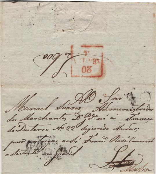 0040.jpg -     Lote:    40            Portugal       Descrição:         Lisboa / Abatida &mdash; A vermelho, LF LSB-ABT1 em carta remetida do Porto em Abril de 1832 para Lisboa (20.01.32) de onde foi reencaminhada para Mafra e abatido ao Correio de Lisboa o porte de 40 reis. Exemplar sem defeitos nem reparações e de grande raridade.         Carta       Valor Base:     &euro; 500,00     Valor Venda:     &euro;      
