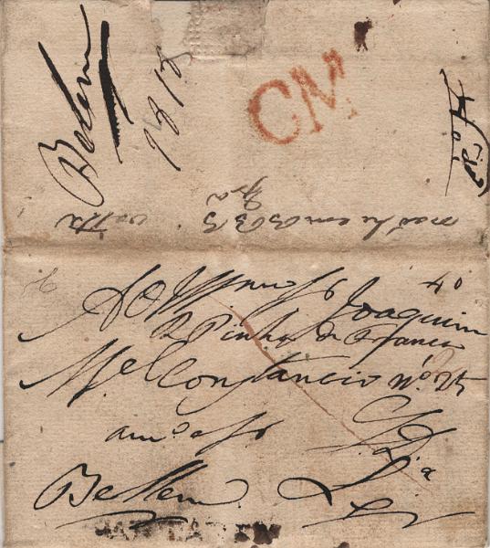 0041.jpg -     Lote:    41            Portugal       Descrição:         Lisboa * Correio em mão / Santarém &mdash; A vermelho LF LSB-Cm + LF STR4 em carta remetida de Santarém para Lisboa com o porte de 40 reis manuscrito a sépia, provavelmente transportada em mão, tendo sido aplicada em Lisboa a marca CM. Foi posteriormente reencaminhada para Belém.         Carta       Valor Base:     &euro; 1.200,00     Valor Venda:     &euro;      