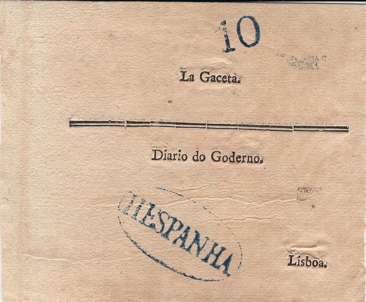 0042.jpg -     Lote:    42            Portugal       Descrição:         Lisboa / Hespanha * Indicativo de origem estrangeira * Correio terrestre &mdash; A azul, LF LSB-OE2 em quatro fragmentos de cinta de jornal remetidos de Espanha para Lisboa com os portes de 10 reis, 35 reis, 45 reis e 60 reis, todos batidos a azul.         Carta       Valor Base:     &euro; 25,00     Valor Venda:     &euro;      