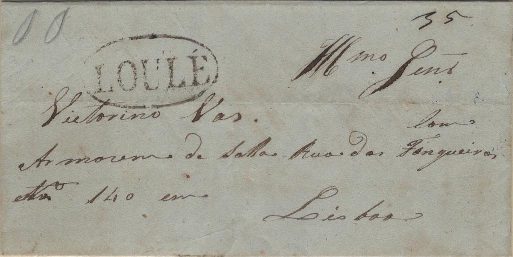 0044.jpg -     Lote:    44            Portugal       Descrição:         Loulé &mdash; A sépia, LF LLE2 em carta remetida de Loulé (03.04.45) para Lisboa (07.04.45) com o porte de 35 reis manuscrito a sépia. Exemplar sem defeitos nem reparações.         Carta       Valor Base:     &euro; 100,00     Valor Venda:     &euro;      