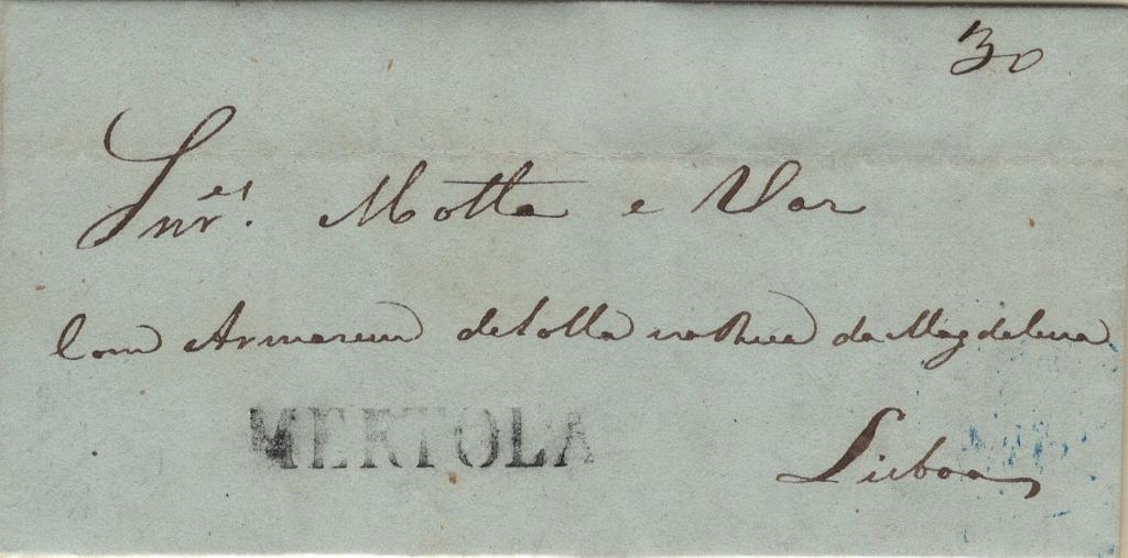 0047.jpg -     Lote:    47            Portugal       Descrição:         Mértola &mdash; A preto, LF MTL1 em carta remetida de Mértola (26.01.51) para Lisboa (29.01.51), com o porte de 30 reis manuscrito a sépia. Exemplar sem defeitos nem reparações. B e R.         Carta       Valor Base:     &euro; 100,00     Valor Venda:     &euro;      