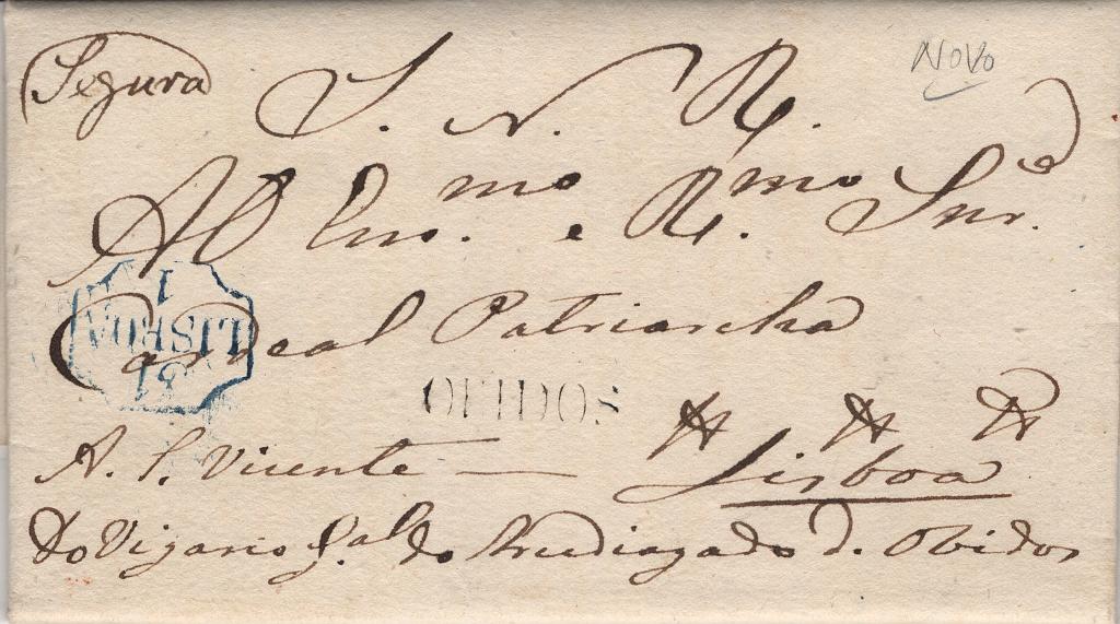 0051.jpg -     Lote:    51            Portugal       Descrição:         Óbidos / Segura &mdash; A preto e manuscrita a sépia, LF OBD-Sms, em carta remetida de Óbidos (28.01.45) para Lisboa (31.01.45) isenta de porte. Exemplar sem defeitos nem reparações, muito bem conservado, com a menção "SEGURA" não catalogada.         Carta       Valor Base:     &euro; 600,00     Valor Venda:     &euro;      