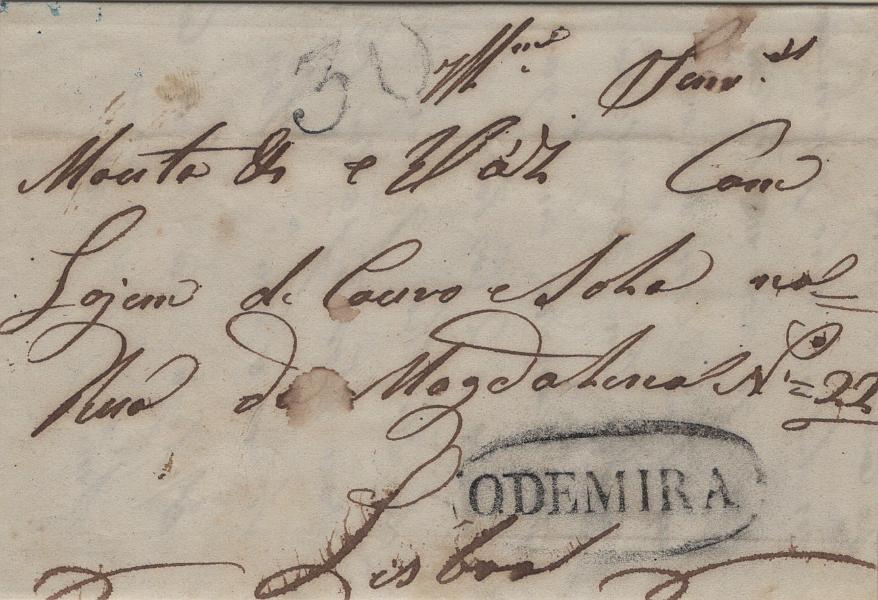 0052.jpg -     Lote:    52            Portugal       Descrição:         Odemira &mdash; A preto, LF ODM3, em carta remetida de S. Teotónio (18.06.49) para Lisboa, com o porte de 30 reis batido a preto. Exemplar sem defeitos nem reparações. MB e R.         Carta       Valor Base:     &euro; 200,00     Valor Venda:     &euro;      
