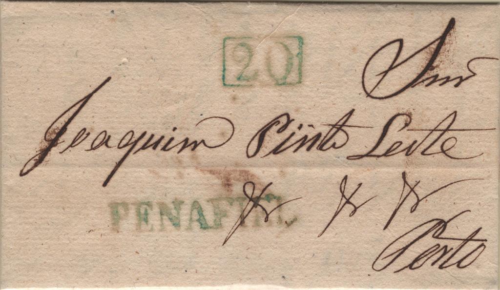 0053.jpg -     Lote:    53            Portugal       Descrição:         Penafiel &mdash; A verde, LF PNF2 em carta circulada de Penafiel (20.11.43) para o Porto (21.11.43) com o porte de 20 reis batido a verde. Valor de catálogo &euro; 70,00.         Carta       Valor Base:     &euro; 20,00     Valor Venda:     &euro;      