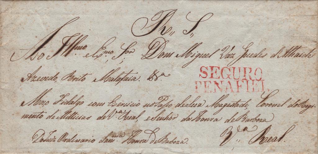0054.jpg -     Lote:    54            Portugal       Descrição:         Penafiel / Segura &mdash; A vermelho, LF PNF-S1 em carta remetida de Penafiel (19.01.31) para Vila Real, isenta de porte. Exemplar de grande raridade, sem defeitos nem reparações.         Carta       Valor Base:     &euro; 450,00     Valor Venda:     &euro;      