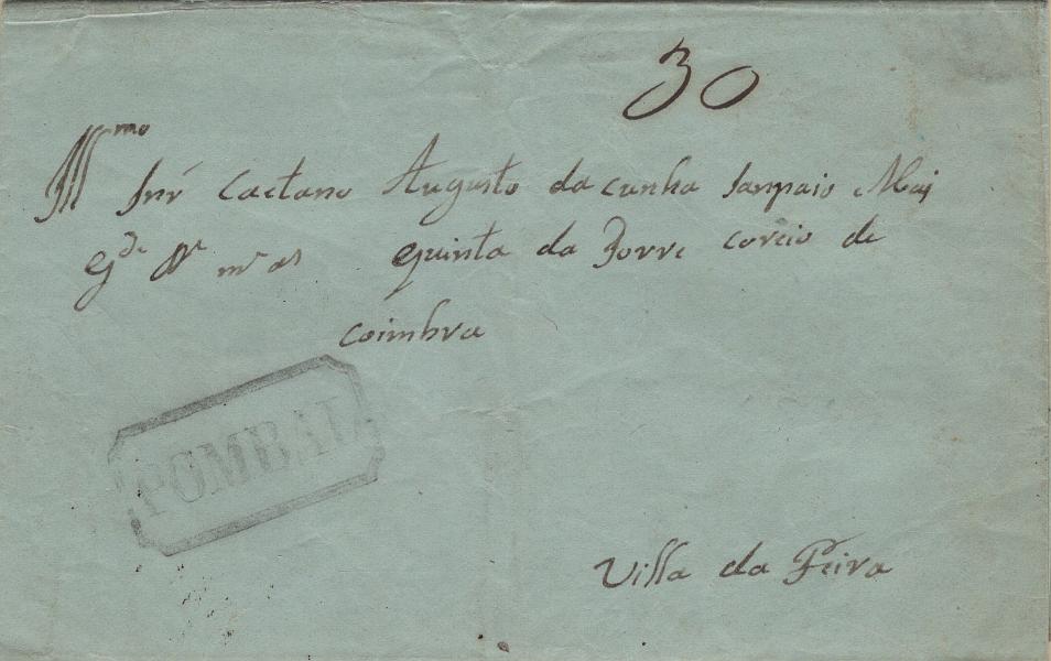 0055.jpg -     Lote:    55            Portugal       Descrição:         Pombal &mdash; A preto, LF PBL3 em carta remetida de Pombal (24.02.49) para Vila da Feira com o porte de 30 reis manuscrito a sépia. Exemplar sem defeitos nem reparações.         Carta       Valor Base:     &euro; 25,00     Valor Venda:     &euro;      