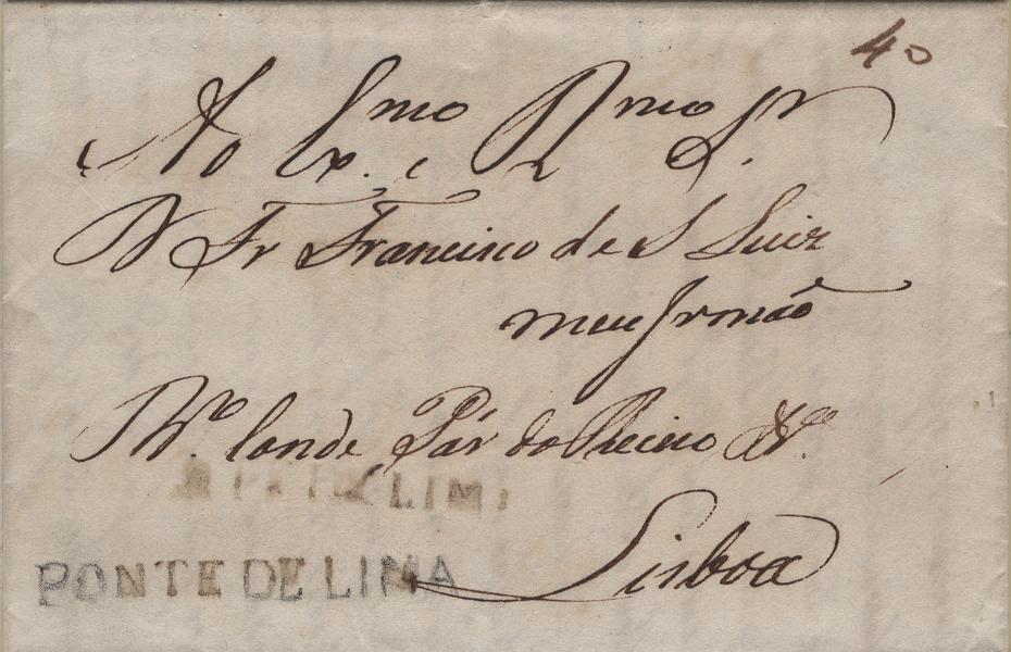 0058.jpg -     Lote:    58            Portugal       Descrição:         Ponte de Lima &mdash; A sépia, LFPTL1 em carta remetida de Ponte de Lima (08.10.??) para Lisboa com o porte de 40 reis manuscrito a sépia.         Carta       Valor Base:     &euro; 20,00     Valor Venda:     &euro;      