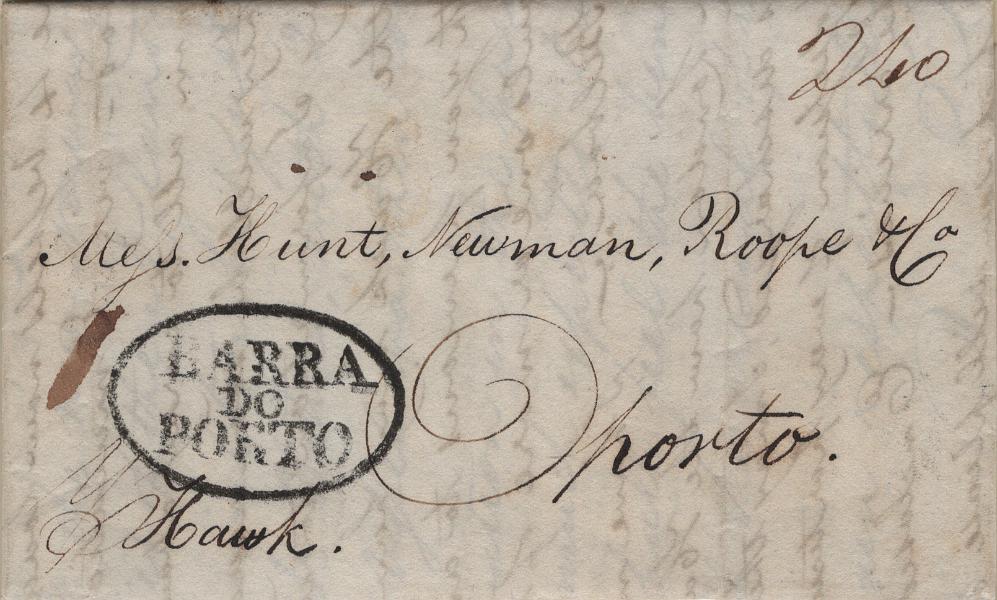 0061.jpg -     Lote:    61            Portugal       Descrição:         Porto / Barra do &mdash; A preto, LF PRT-BA1 em carta remetida de Bilbao (02.06.25) para o Porto, com o porte de 240 reis manuscrito a sépia. Exemplar sem defeitos nem reparações. B e R.         Carta       Valor Base:     &euro; 100,00     Valor Venda:     &euro;      