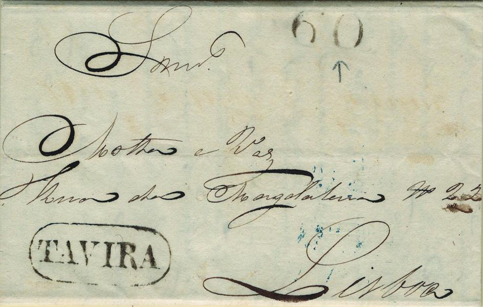 0068.jpg -     Lote:    68            Portugal       Descrição:         Tavira &mdash; A sépia, LF TVR5 em carta remetida de Tavira (19.10.47) para Lisboa (22.10.47), com o porte de 60 reis batido a sépia. Exemplar sem defeitos nem reparações.         Carta       Valor Base:     &euro; 40,00     Valor Venda:     &euro;      