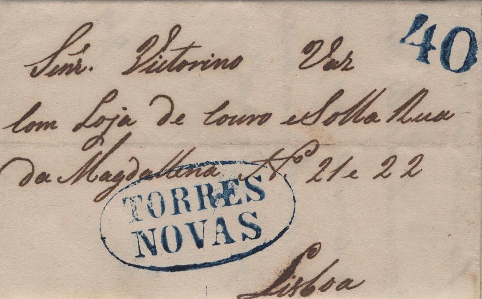 0070.jpg -     Lote:    70            Portugal       Descrição:         Torres Novas &mdash; A azul, LF TNV4, em carta remetida de Alcanena (14.02.49) para Lisboa (19.12.49) com o porte de 40 reis batido a azul. Exemplar sem defeitos nem reparações, com a marca muito bem batida. MB.         Carta       Valor Base:     &euro; 75,00     Valor Venda:     &euro;      