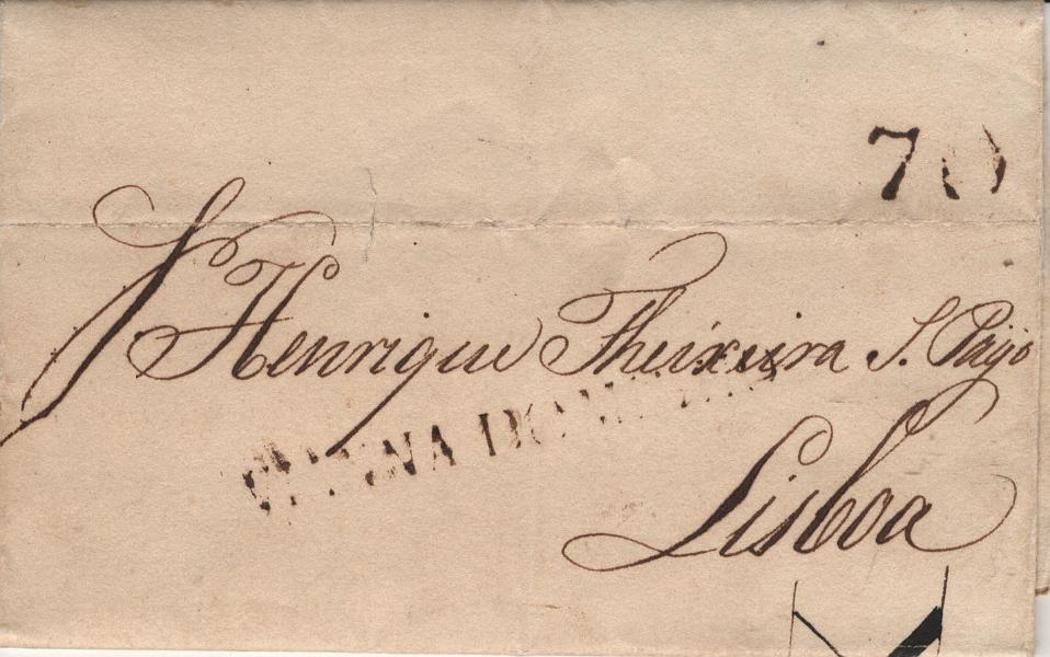 0072.jpg -     Lote:    72            Portugal       Descrição:         Viana do Minho &mdash; A sépia, LF VCT2 em carta remetida de Vigo (03.04.1811) por navio arribado a Vigo e marcada em Viana, com destino a Lisboa, com o porte de 70 reis batido a sépia. Exemplar sem defeitos nem reparações.         Carta       Valor Base:     &euro; 120,00     Valor Venda:     &euro;      