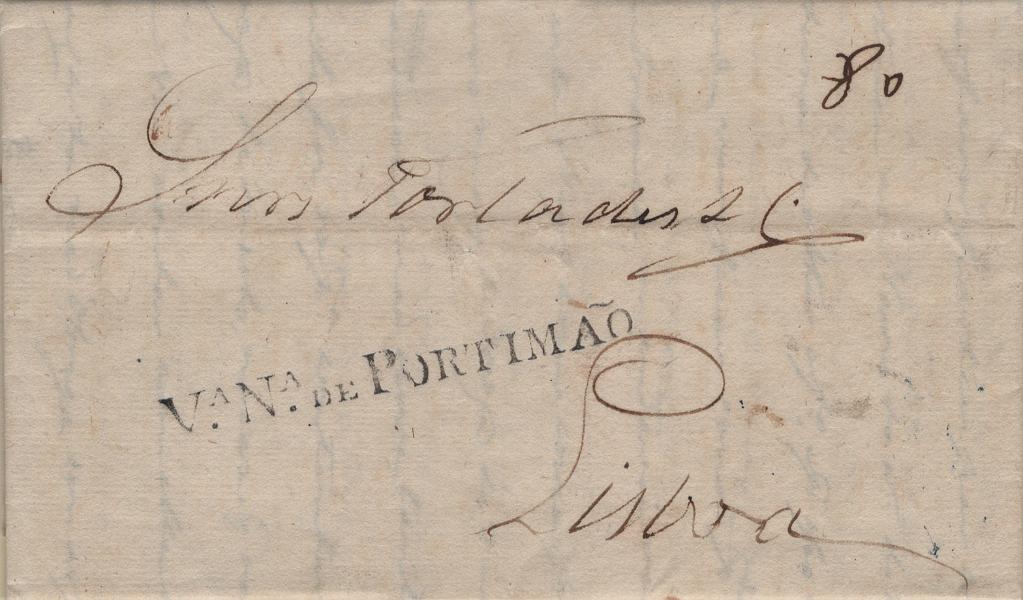 0073.jpg -     Lote:    73            Portugal       Descrição:         Vila Nova de Portimão &mdash; A preto, LF PTM2 em carta remetida de Portimão (25.12.37) para Lisboa (01.01.38) com o porte de 80 reis manuscrito a sépia.         Carta       Valor Base:     &euro; 75,00     Valor Venda:     &euro;      