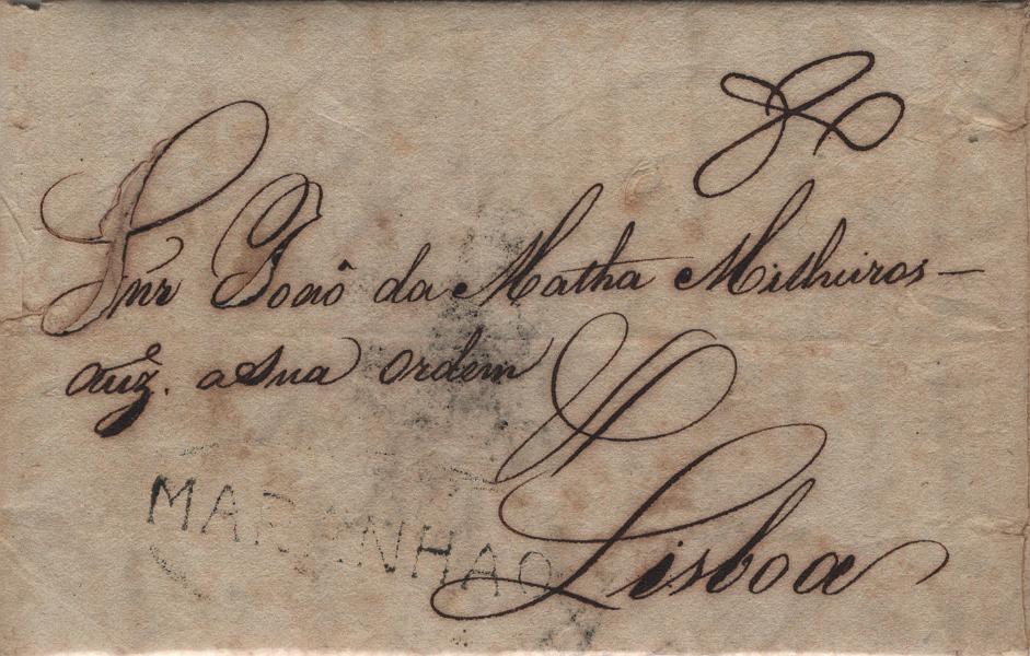 0078.jpg -     Lote:    78            Brasil       Descrição:         Maranhão * Brasil &mdash; LF MRH2 em carta remetida do Maranhão (30.01.16) para Lisboa com o porte de 80 reis manuscrito a sépia, aplicado no Brasil, para pagar o primeiro escalão de cartas com o peso até 478 de onça. Carta com pequenos defeitos normais, sem reparações. Certificado de peritagem de J. Miranda da Mota.         Carta       Valor Base:     &euro; 40,00     Valor Venda:     &euro;      