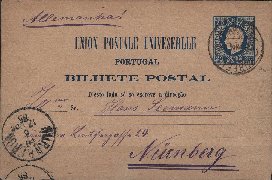0084.jpg -     Lote:    84            Portugal       Descrição:         1879 &mdash; D. Luís I. Fita direita. Impressão em relevo. OM4f, 20 reis azul, cunho II, "Sr" em redondo, erro: "UNIVESERLLE" em vez de "UNIVERSELLE". Circulado de Lisboa (26.06.85) para Nuremberg / Alemanha (30.06.85): Exemplar bem conservado, sem defeitos nem reparações. .        IC       Valor Base:     &euro; 100,00     Valor Venda:     &euro;      