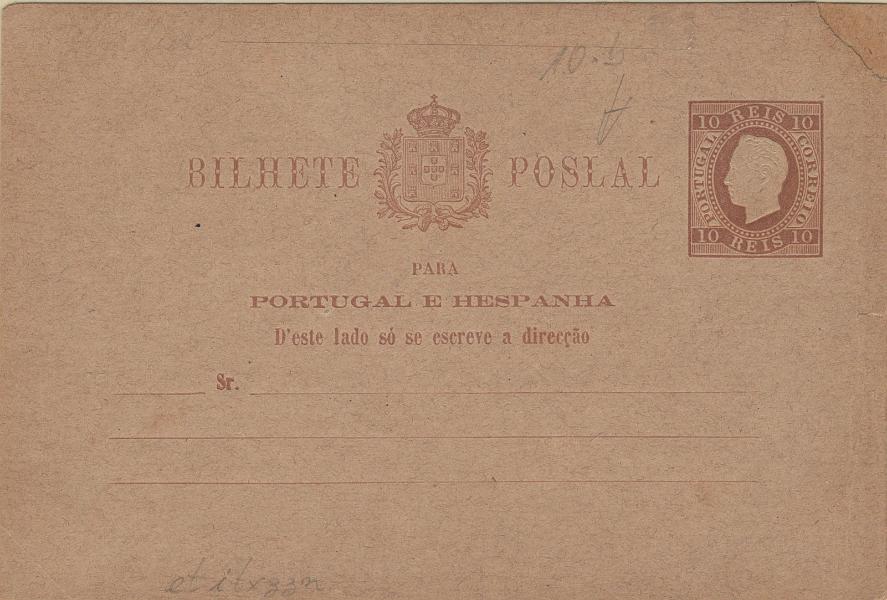 0086.jpg -     Lote:    86            Portugal       Descrição:         1880/81 &mdash; D. Luís I, fita direita. Impressão em relevo. OM7b, 10 reis castanho-vermelho, cartolina camurça fina, com 5mm entre Escudo e a 1.ª linha. Inteiro com o erro "POSLAL" em vez de "POSTAL". MB e R.         IN       Valor Base:     &euro; 28,00     Valor Venda:     &euro;      