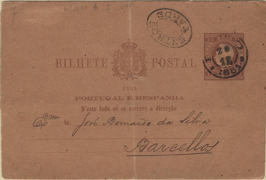 0088.jpg -     Lote:    88            Portugal       Descrição:         1880/81 &mdash; D. Luís I, fita direita. Impressão com relevo. OM7c, 10 reis castanho vermelho, sobre cartolina camurça, com 3mm entre o Escuro e a 1.ª linha da inscrição. Circulado do Porto (20.12.81) para Barcelos. Carimbo de dupla oval batida a preto "ENTROU TARDE". Inteiro com dobra vertical ao centro.         IC       Valor Base:     &euro; 25,00     Valor Venda:     &euro;      
