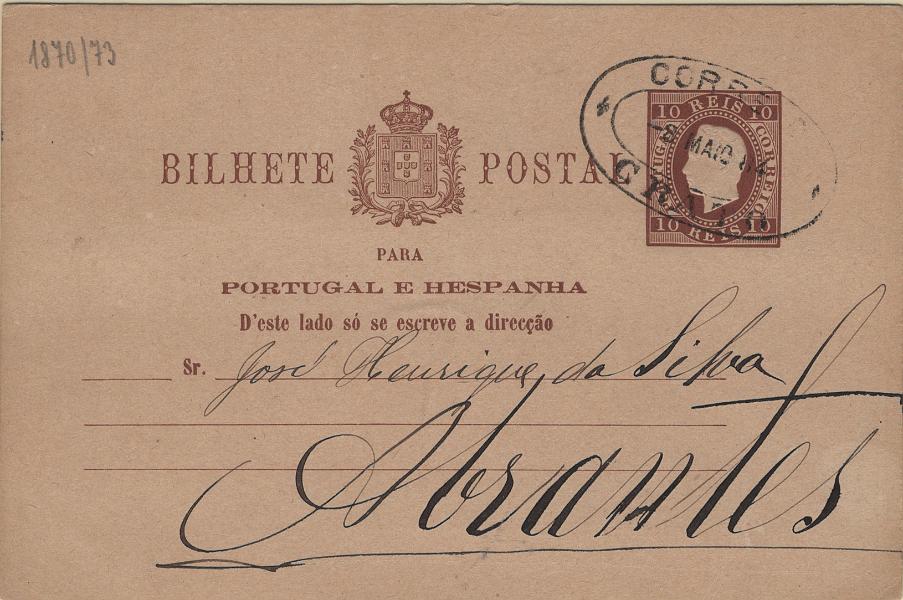 0089.jpg -     Lote:    89            Portugal       Descrição:         1880/81 &mdash; D. Luís I, fita direita. Impressão com relevo. OM7j, 10 reis castanho vermelho sobre cartolina média, creme, lisa. Circulado do Crato (08.05.84) para Abrantes (09.05.84). Obliterado com carimbo de dupla oval batido a preto "CORREIO / CRATO".         IC       Valor Base:     &euro; 30,00     Valor Venda:     &euro;      