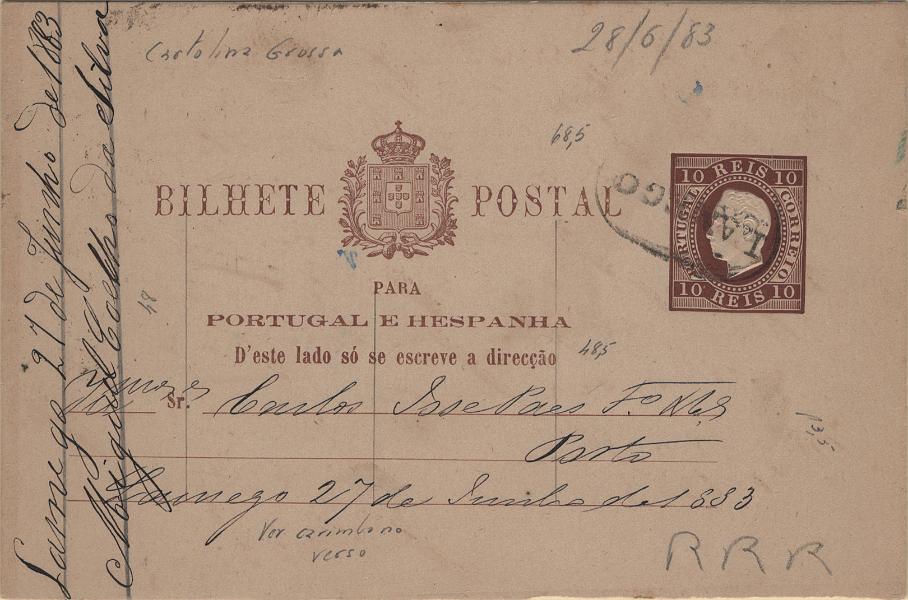 0090.jpg -     Lote:    90            Portugal       Descrição:         1880/81 &mdash; D. Luís I, fita direita. Impressão em relevo. OM7j, 10 reis castanho vermelho, com 3mm entre o Escudo e a 1.ª linha, cartolina média creme, circulado de Lamego (27.06.83) para o Porto (28.06.83), obliterado com carimbo nominativo batido a preto de "LAMEGO".         IC       Valor Base:     &euro; 50,00     Valor Venda:     &euro;      