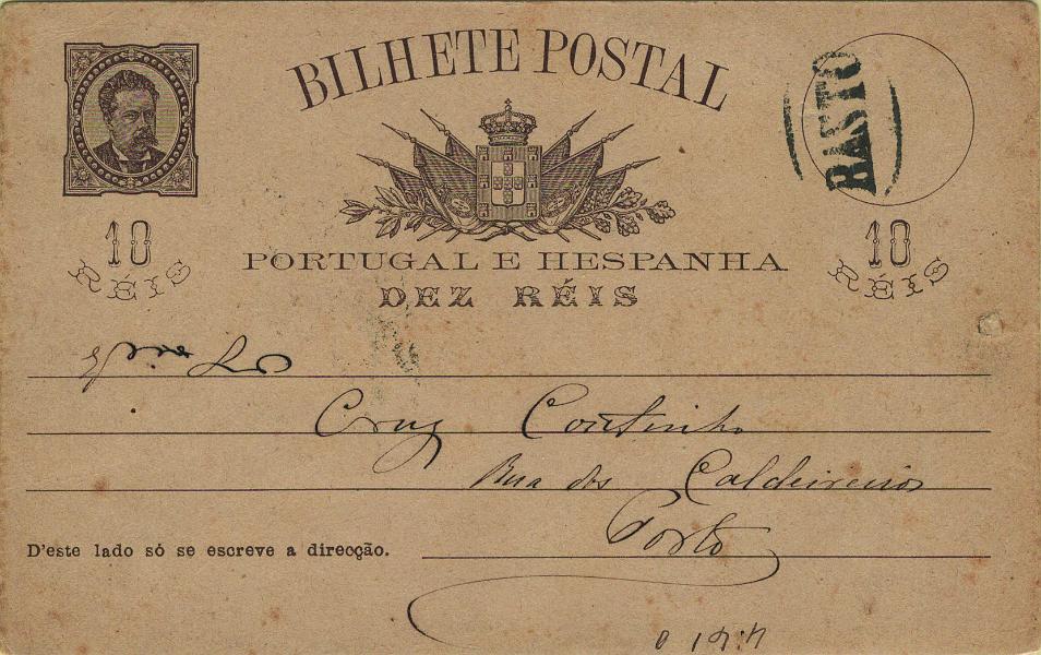 0091.jpg -     Lote:    91            Portugal       Descrição:         1884/87 &mdash; D. Luís I, de frente. OM9, 10 reis castanho escuro com quadrícula no verso, circulado de Cabeceiras de Basto (05.09.86) para o Porto (06.09.86), obliterado com carimbo nominativo batido a preto "BASTO".         IC       Valor Base:     &euro; 50,00     Valor Venda:     &euro;      