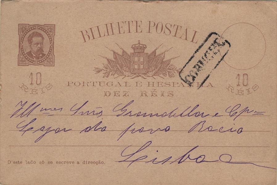 0092.jpg -     Lote:    92            Portugal       Descrição:         1884/87 &mdash; D. Luís I, de frente. OM9b, 10 reis castanho claro com quadrícula no verso, circulado de Coruche (31.08.87) para Lisboa, obliterado com carimbo nominativo batido a preto "CORUCHE".         IC       Valor Base:     &euro; 50,00     Valor Venda:     &euro;      