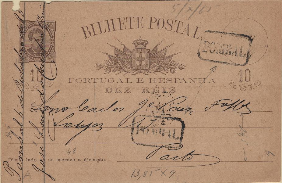 0093.jpg -     Lote:    93            Portugal       Descrição:         1884/87 &mdash; D. Luís I, de frente. OM9, 10 reis castanho claro sobre cartolina creme, circulado de Pombal (05.10.85) para o Porto (06.10.85), obliterado com carimbo nominativo batido a preto "POMBAL". Ligeiros defeitos no canto superior esquerdo.         IC       Valor Base:     &euro; 20,00     Valor Venda:     &euro;      