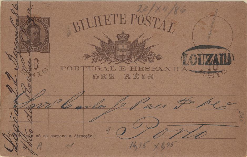 0094.jpg -     Lote:    94            Portugal       Descrição:         1884/87 &mdash; D. Luís I, de frente. OM9, 10 reis castanho escuro sobre cartolina camurça, circulado de Lagoas (22.12.86) para o Porto (23.12.86), obliterado com carimbo nominativo batido a preto "LOUZADA".         IC       Valor Base:     &euro; 25,00     Valor Venda:     &euro;      