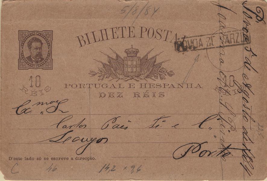 0095.jpg -     Lote:    95            Portugal       Descrição:         1884/87 &mdash; D. Luís I, de frente. OM9, 10 reis castanho escuro sobre cartolina camurça, circulado de Póvoa de Varzim (05.08.84) para o Porto (06.08.84), obliterado com carimbo nominativo batido a preto "POVOA DE VARZIM".         IC       Valor Base:     &euro; 15,00     Valor Venda:     &euro;      