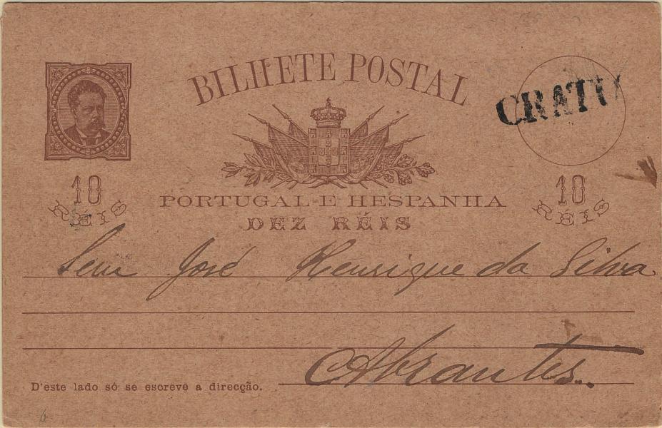 0096.jpg -     Lote:    96            Portugal       Descrição:         1884/87 &mdash; D. Luís I, de frente. OM9f, 10 reis castanho vermelho sobre cartolina camurça, sem quadrícula no verso, circulado do Crato (19.05.91) para Abrantes (20.05.91), obliterado com carimbo batido a preto "CRATO".         IC       Valor Base:     &euro; 30,00     Valor Venda:     &euro;      